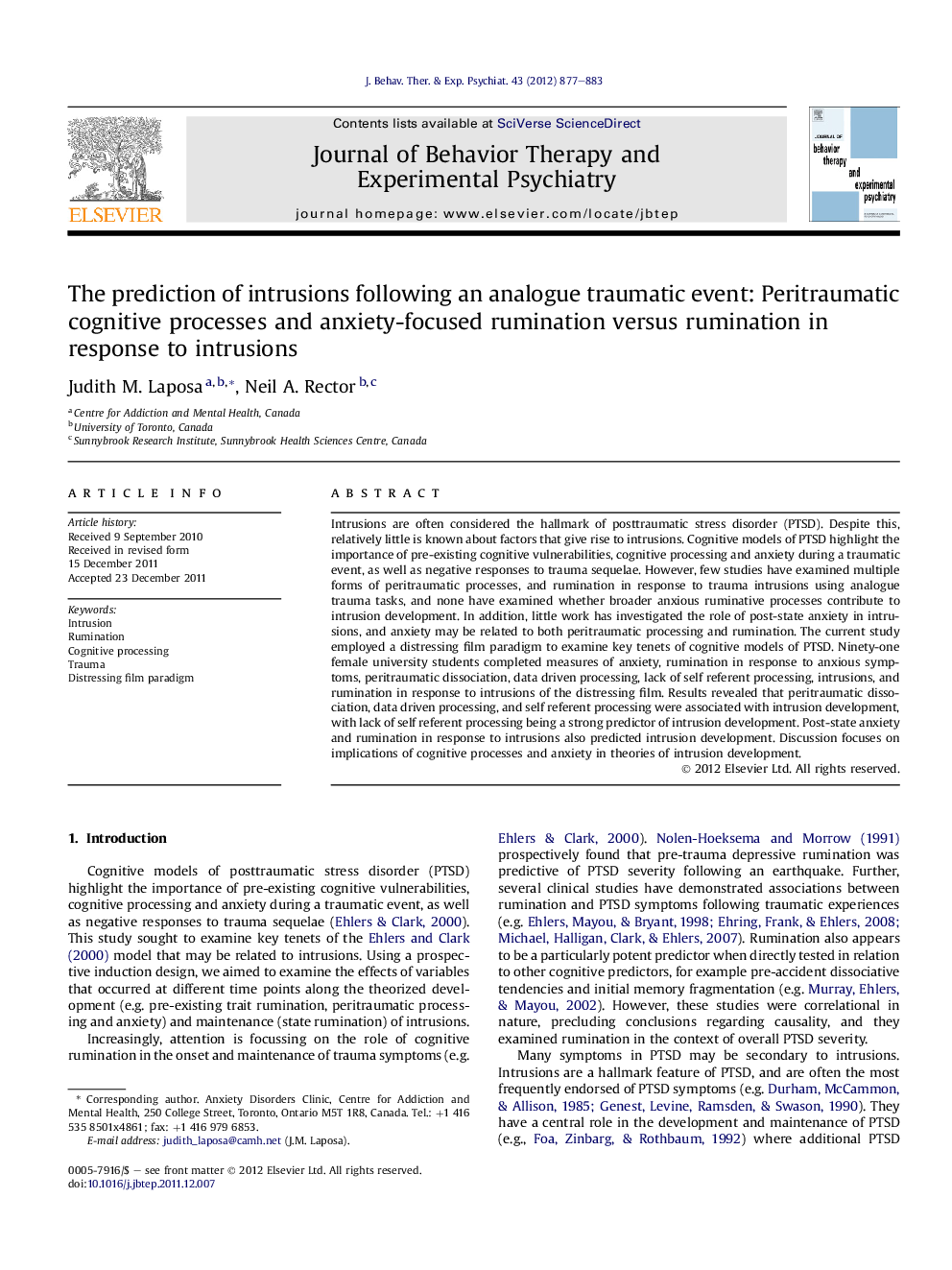 The prediction of intrusions following an analogue traumatic event: Peritraumatic cognitive processes and anxiety-focused rumination versus rumination in response to intrusions