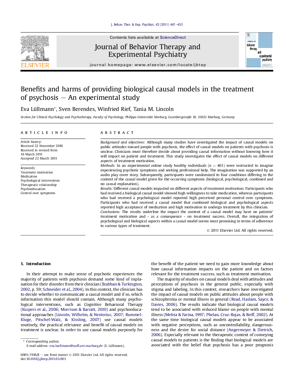 Benefits and harms of providing biological causal models in the treatment of psychosis – An experimental study