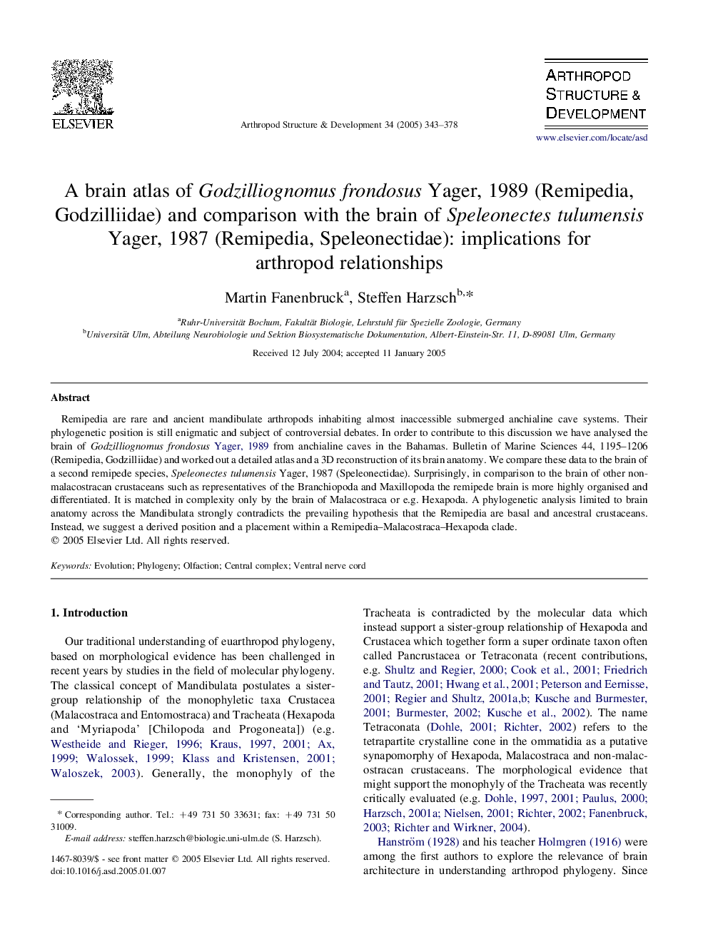 A brain atlas of Godzilliognomus frondosus Yager, 1989 (Remipedia, Godzilliidae) and comparison with the brain of Speleonectes tulumensis Yager, 1987 (Remipedia, Speleonectidae): implications for arthropod relationships