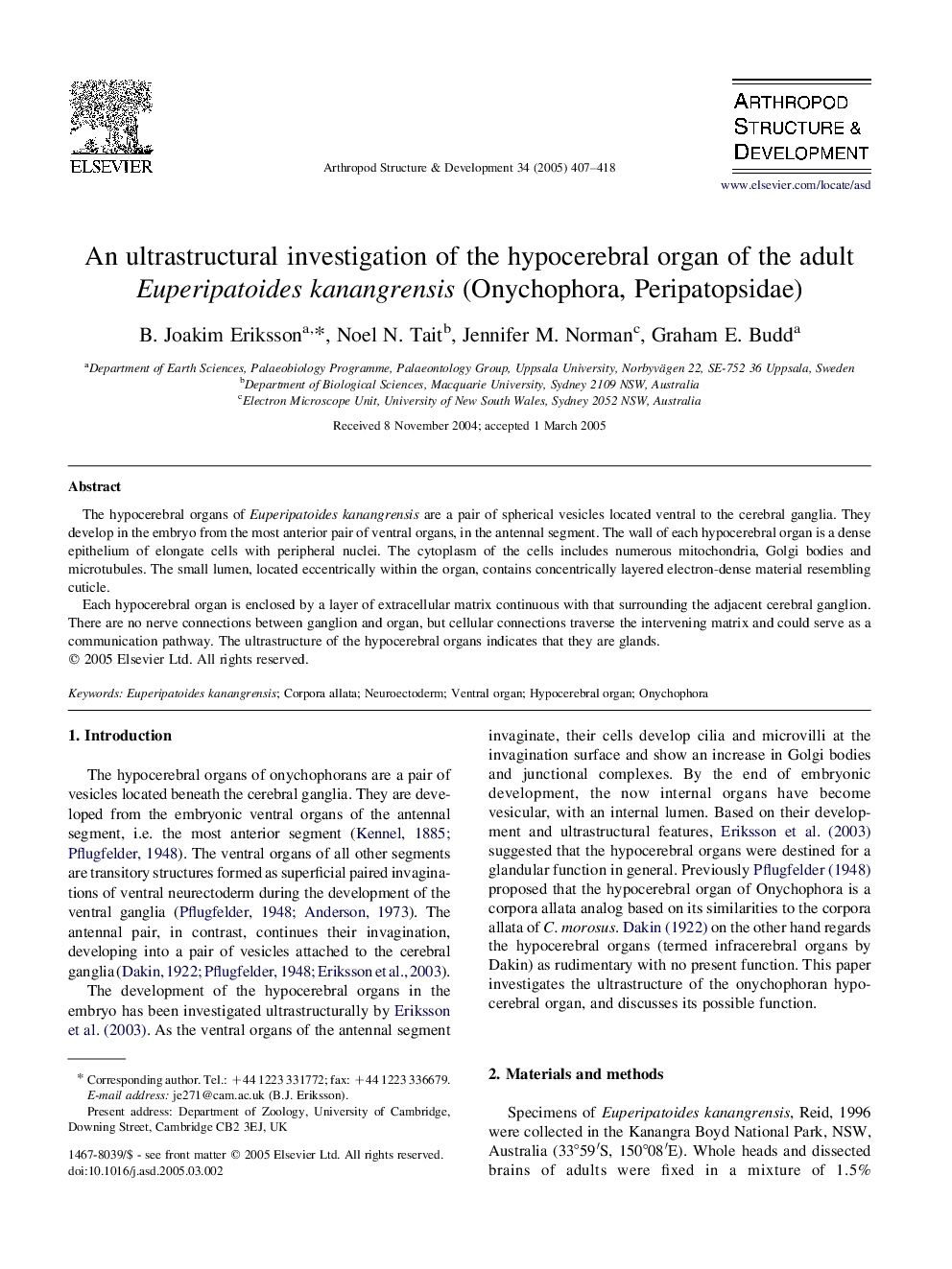 An ultrastructural investigation of the hypocerebral organ of the adult Euperipatoides kanangrensis (Onychophora, Peripatopsidae)