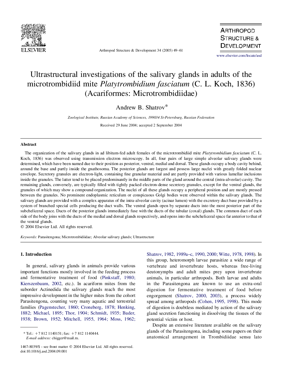 Ultrastructural investigations of the salivary glands in adults of the microtrombidiid mite Platytrombidium fasciatum (C. L. Koch, 1836) (Acariformes: Microtrombidiidae)