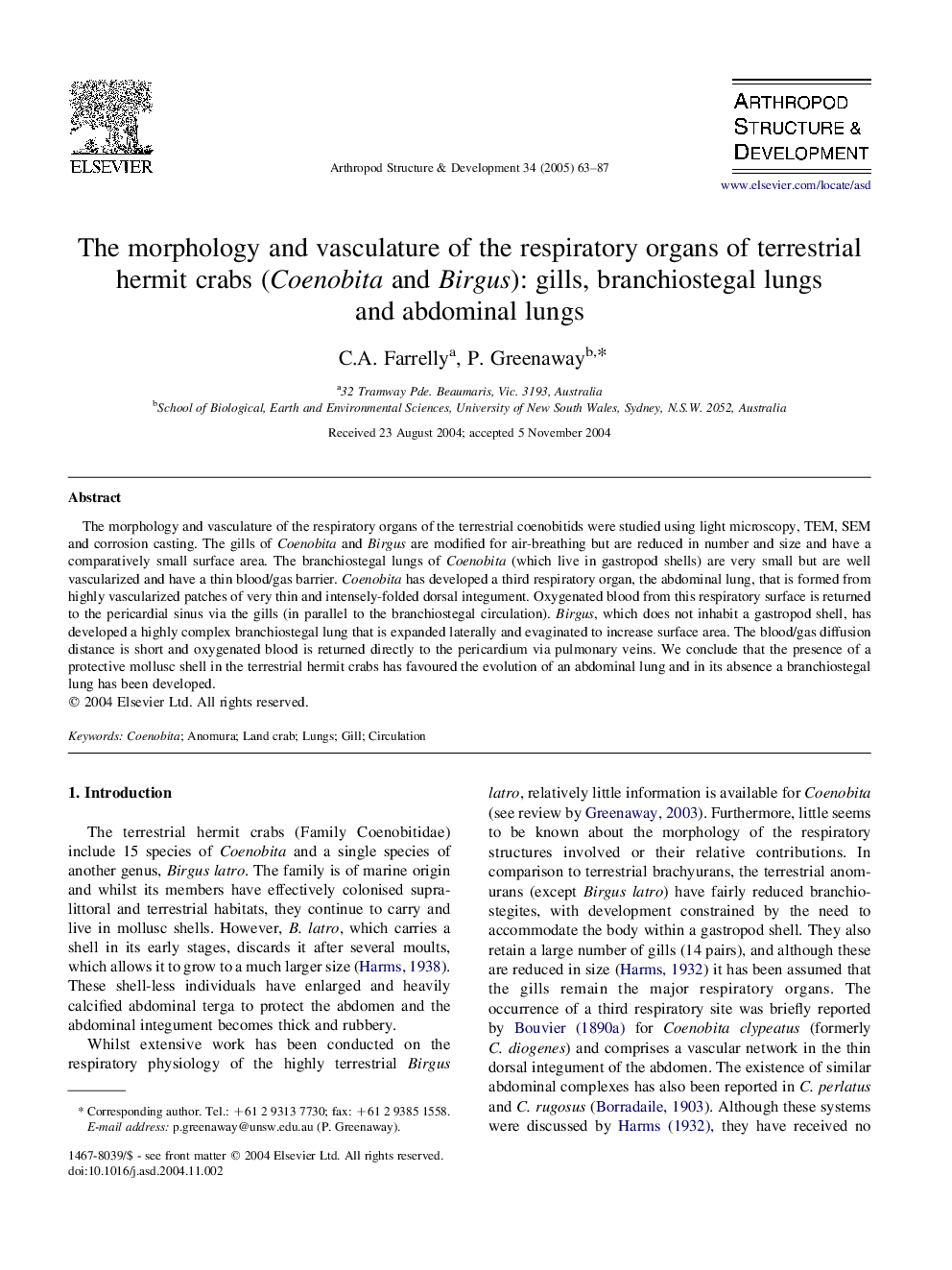 The morphology and vasculature of the respiratory organs of terrestrial hermit crabs (Coenobita and Birgus): gills, branchiostegal lungs and abdominal lungs