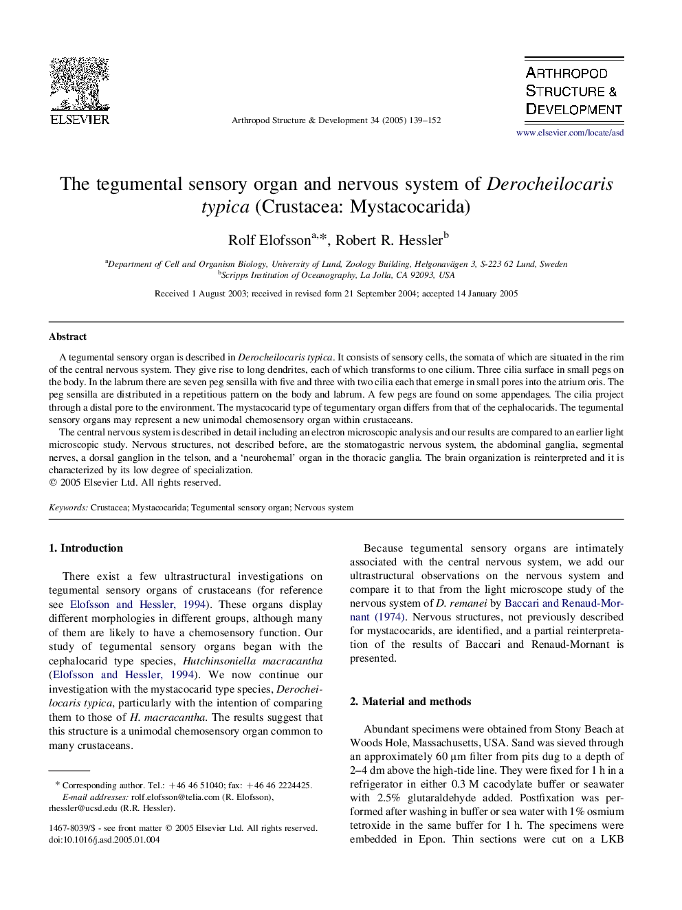 The tegumental sensory organ and nervous system of Derocheilocaris typica (Crustacea: Mystacocarida)