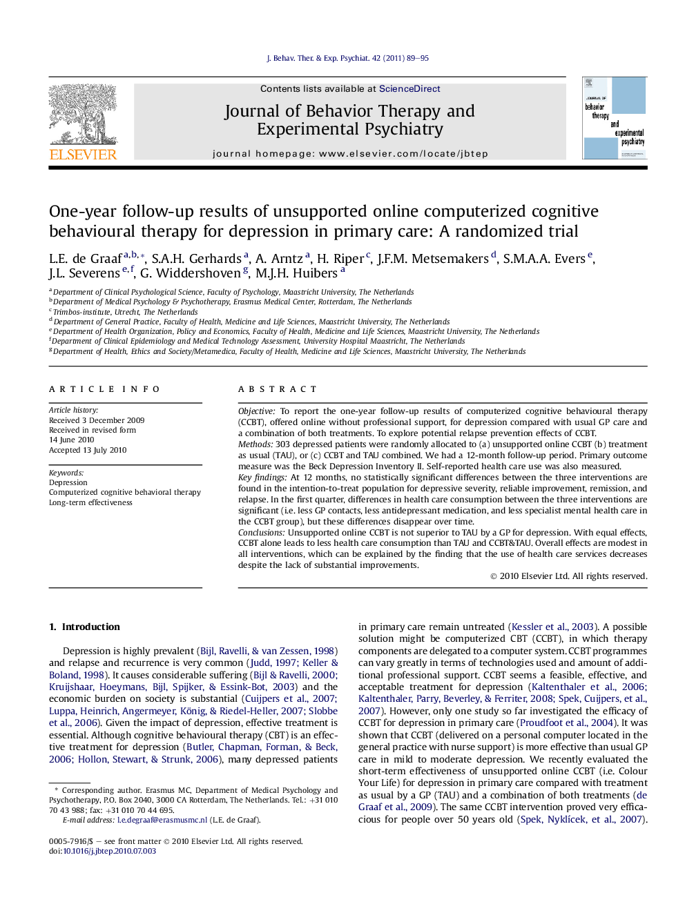 عکس صفحه اول مقاله: One-year follow-up results of unsupported online computerized cognitive behavioural therapy for depression in primary care: A randomized trial One-year follow-up results of unsupported online computerized cognitive behavioural therapy for depression in primary care: A randomized trial