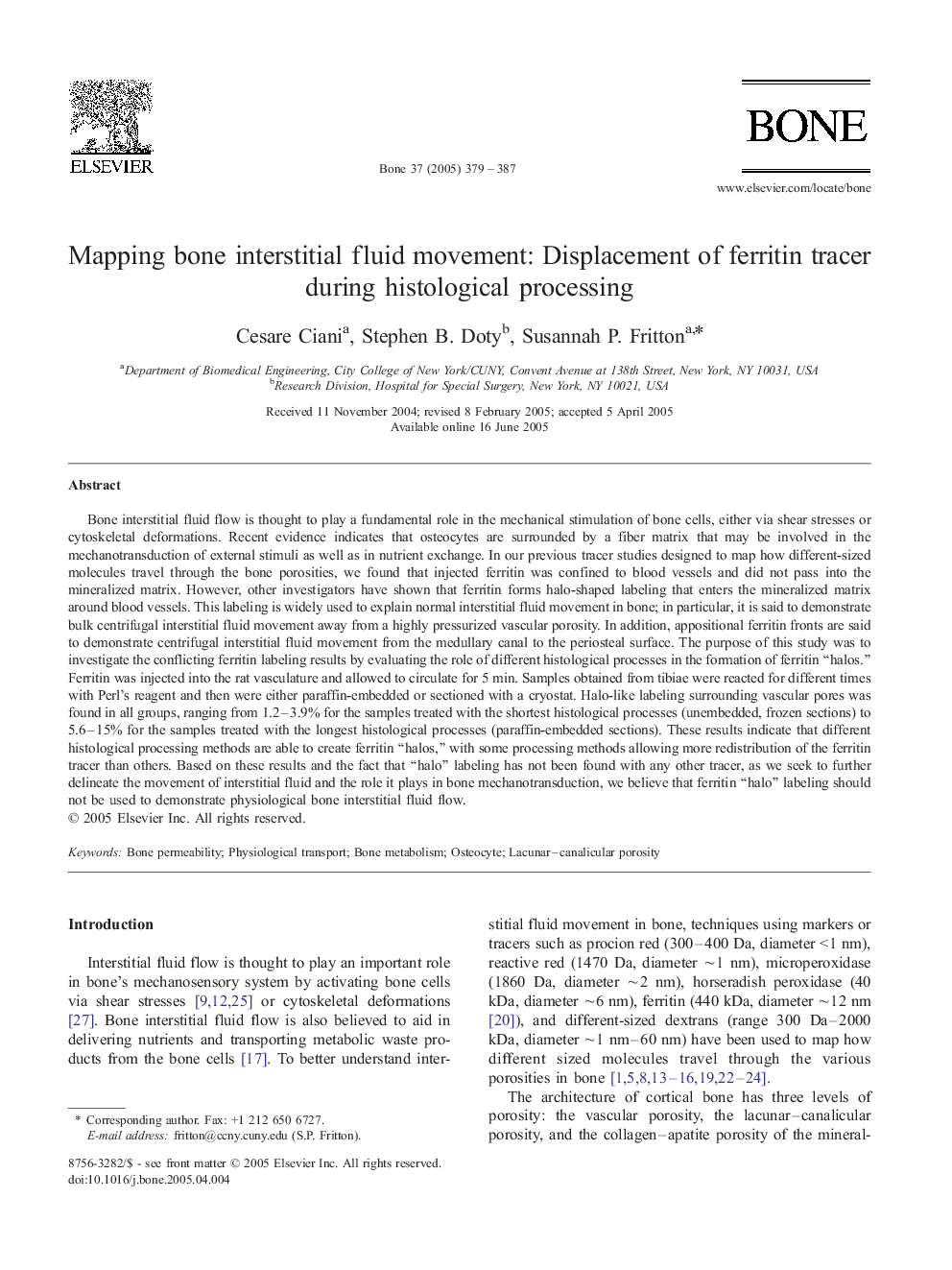 Mapping bone interstitial fluid movement: Displacement of ferritin tracer during histological processing