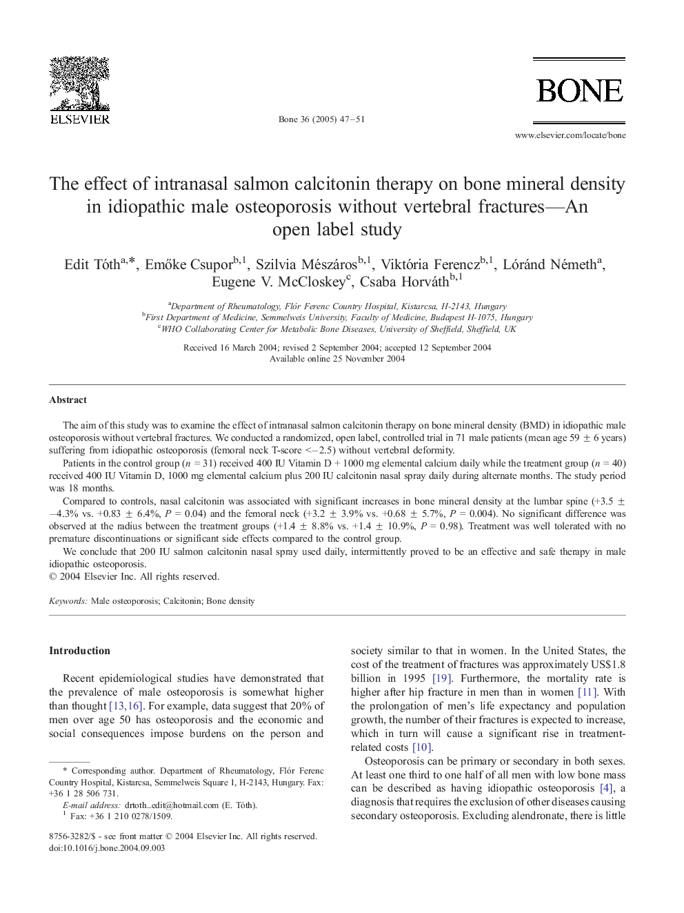 The effect of intranasal salmon calcitonin therapy on bone mineral density in idiopathic male osteoporosis without vertebral fractures-An open label study