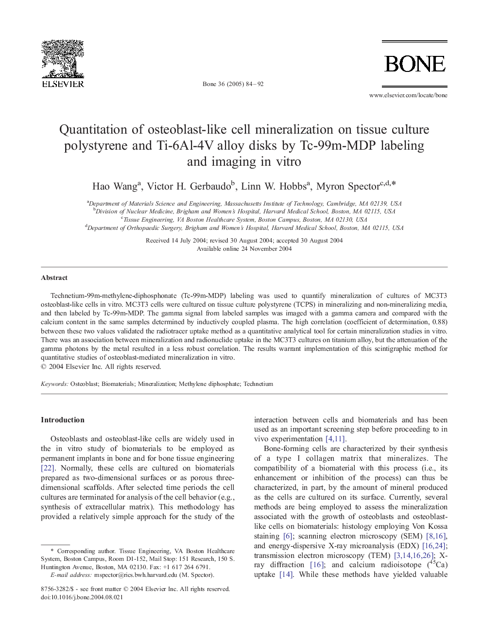 Quantitation of osteoblast-like cell mineralization on tissue culture polystyrene and Ti-6Al-4V alloy disks by Tc-99m-MDP labeling and imaging in vitro