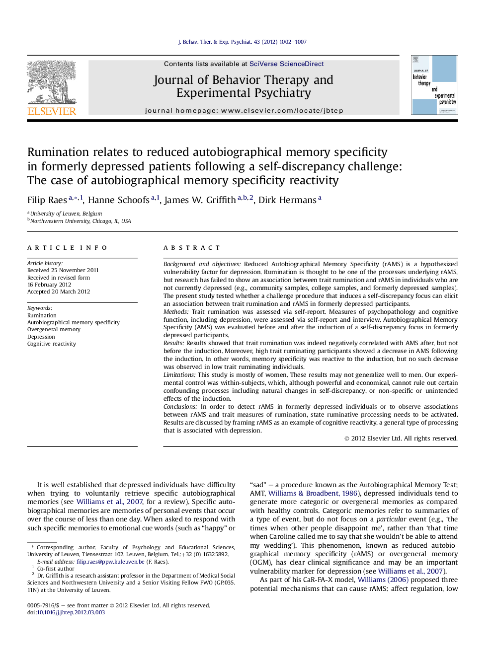 Rumination relates to reduced autobiographical memory specificity in formerly depressed patients following a self-discrepancy challenge: The case of autobiographical memory specificity reactivity