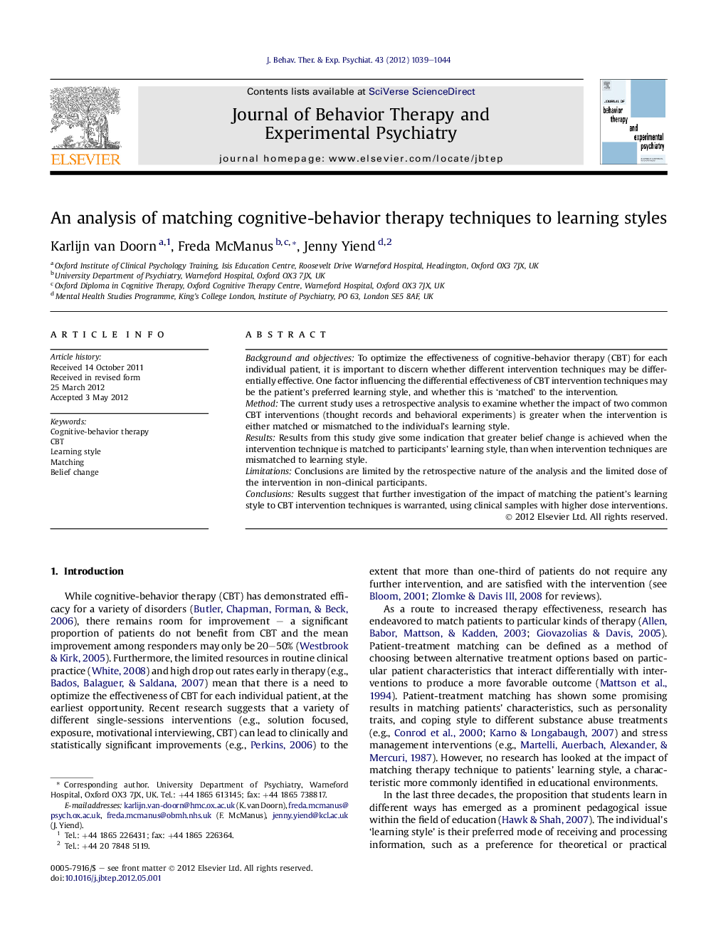 An analysis of matching cognitive-behavior therapy techniques to learning styles