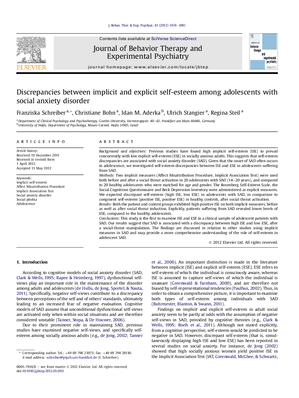 Discrepancies between implicit and explicit self-esteem among adolescents with social anxiety disorder