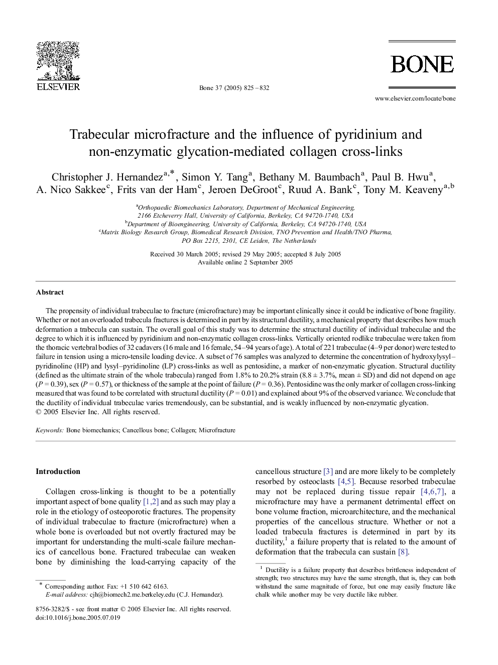 Trabecular microfracture and the influence of pyridinium and non-enzymatic glycation-mediated collagen cross-links