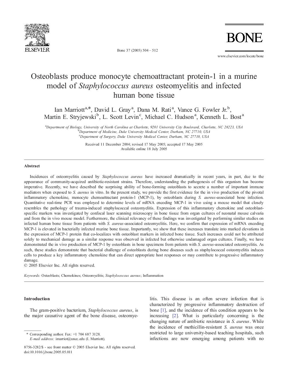 Osteoblasts produce monocyte chemoattractant protein-1 in a murine model of Staphylococcus aureus osteomyelitis and infected human bone tissue