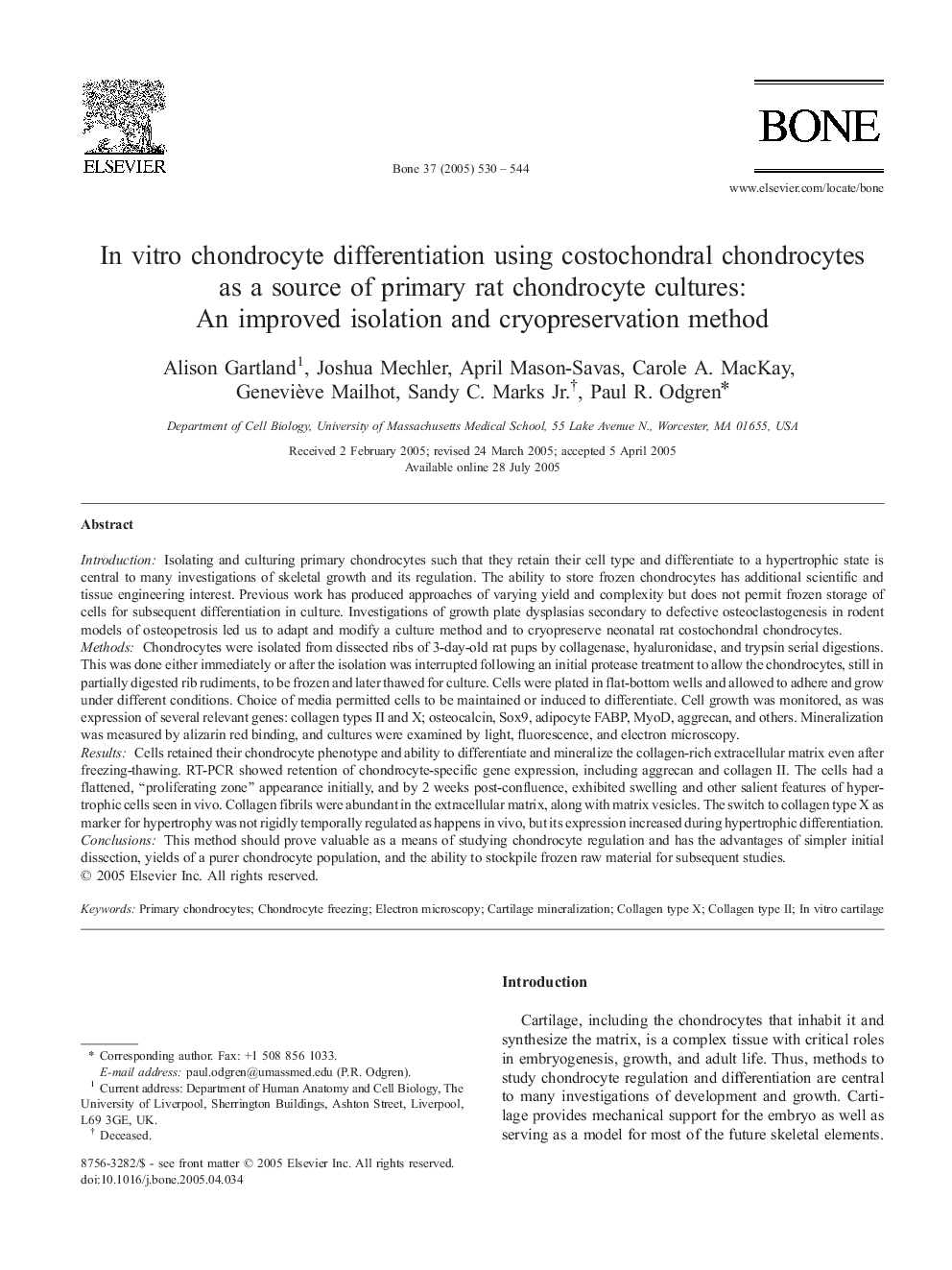 In vitro chondrocyte differentiation using costochondral chondrocytes as a source of primary rat chondrocyte cultures: An improved isolation and cryopreservation method