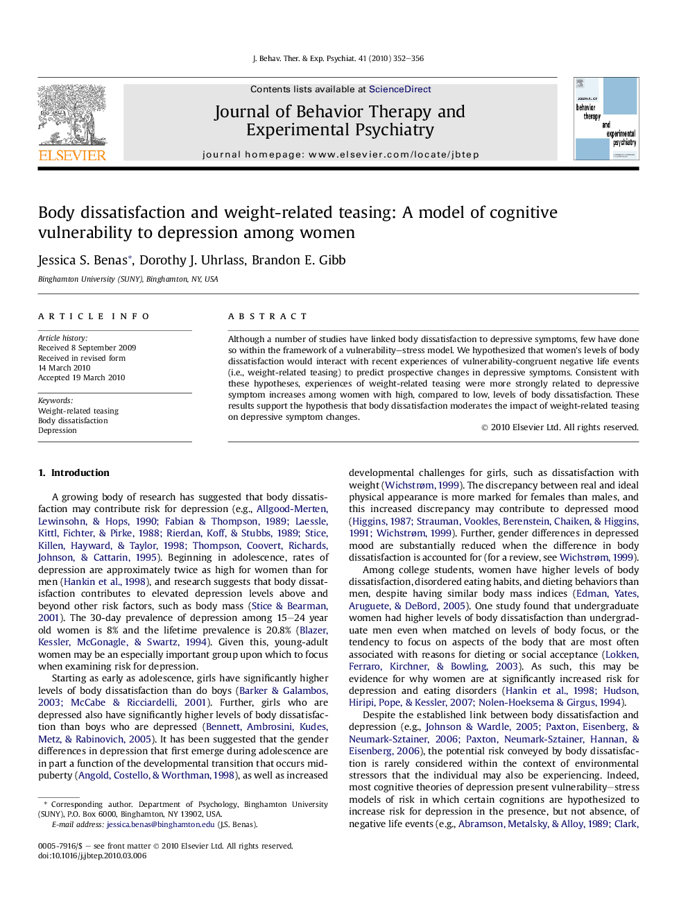 Body dissatisfaction and weight-related teasing: A model of cognitive vulnerability to depression among women