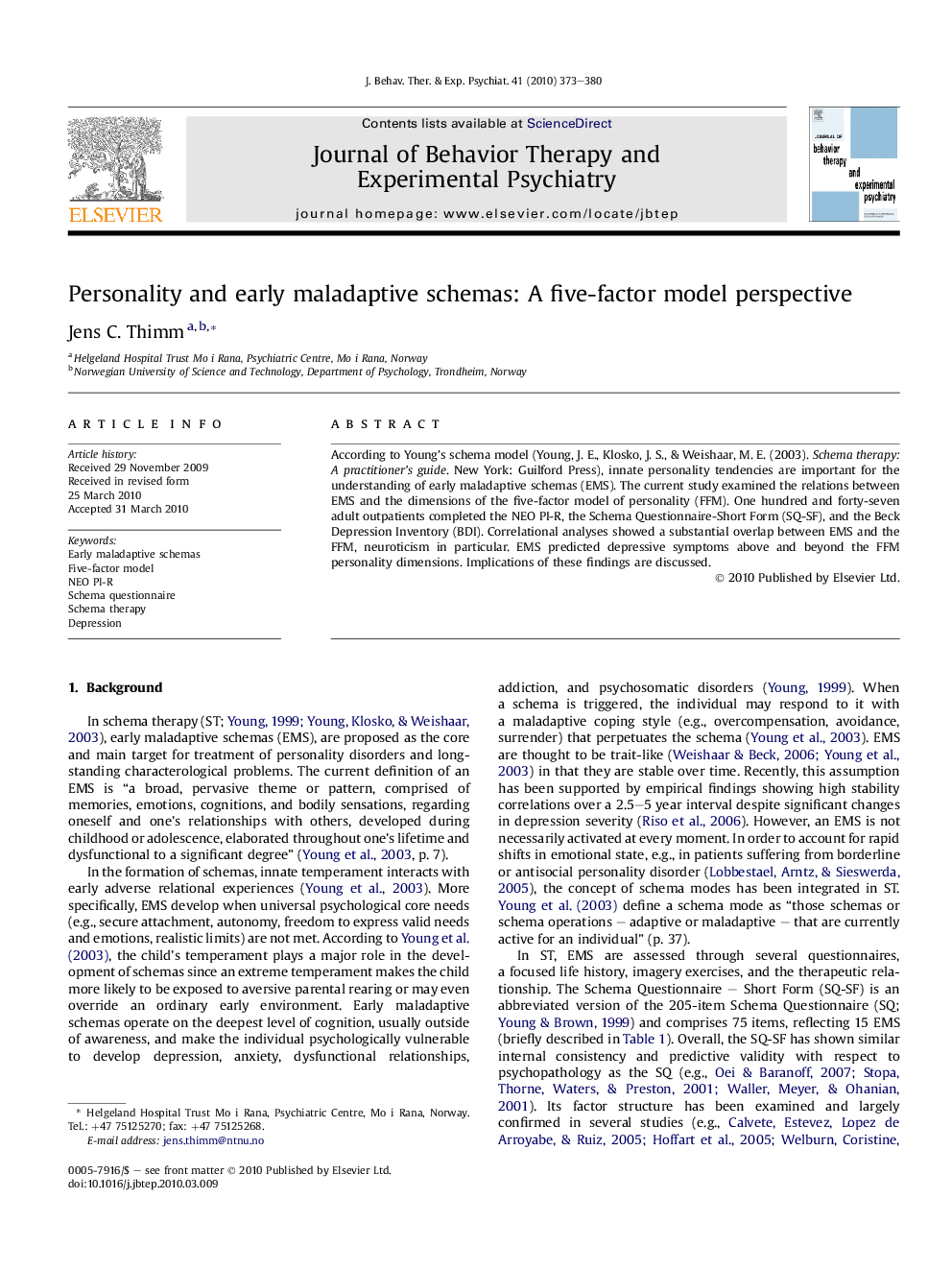عکس صفحه اول مقاله: Personality and early maladaptive schemas: A five-factor model perspective Personality and early maladaptive schemas: A five-factor model perspective