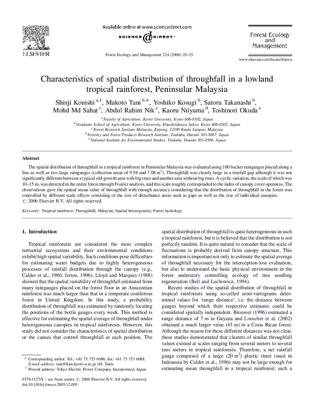 Characteristics of spatial distribution of throughfall in a lowland tropical rainforest, Peninsular Malaysia