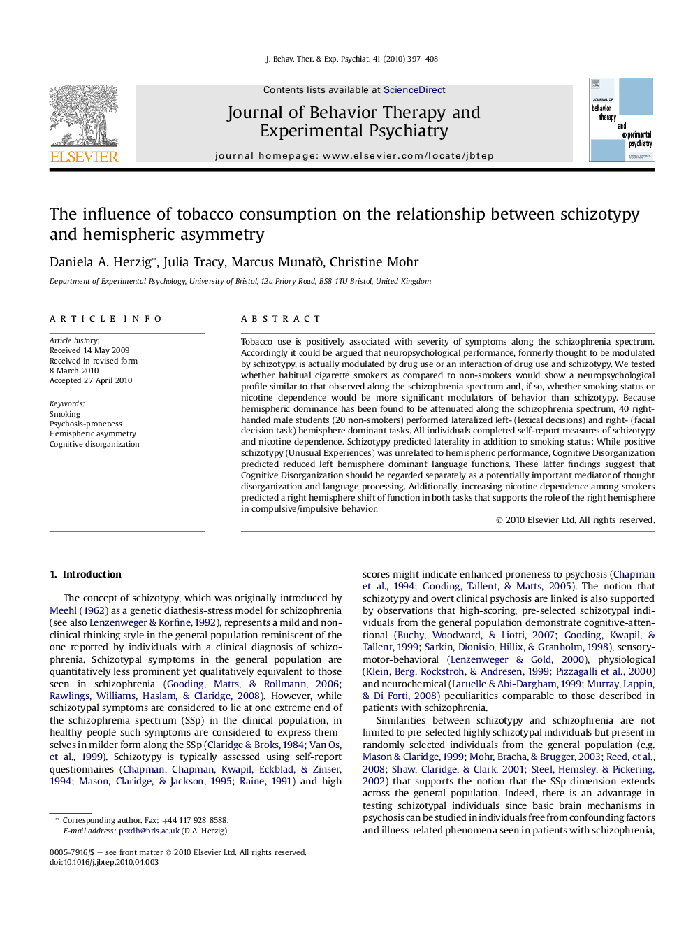 The influence of tobacco consumption on the relationship between schizotypy and hemispheric asymmetry