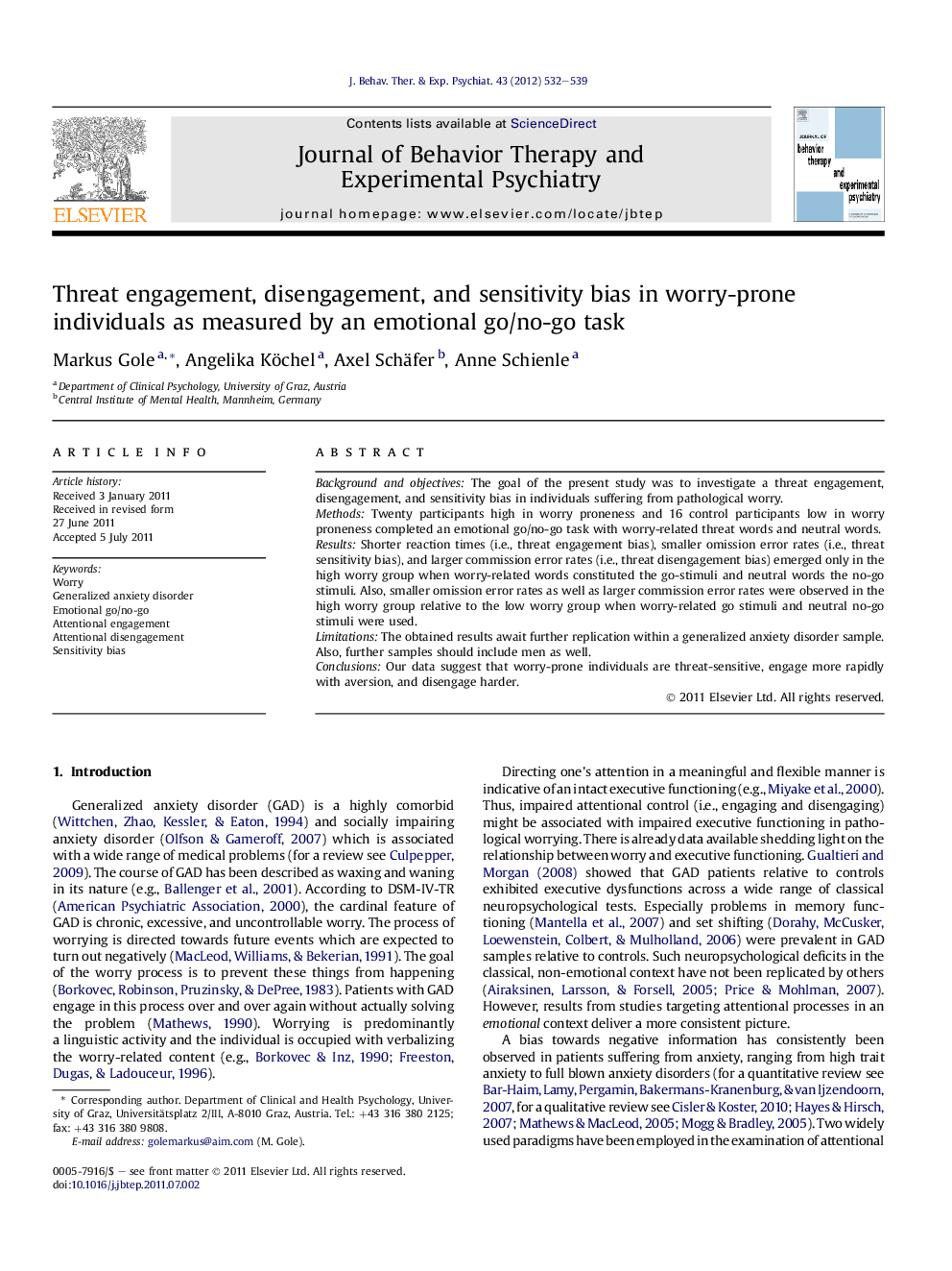 Threat engagement, disengagement, and sensitivity bias in worry-prone individuals as measured by an emotional go/no-go task