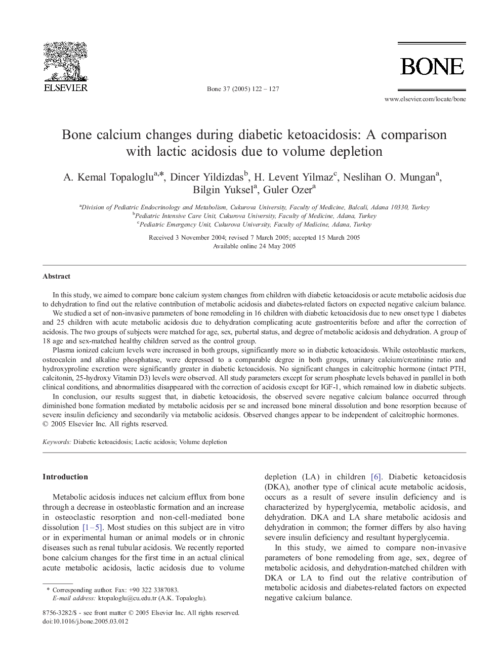 Bone calcium changes during diabetic ketoacidosis: A comparison with lactic acidosis due to volume depletion