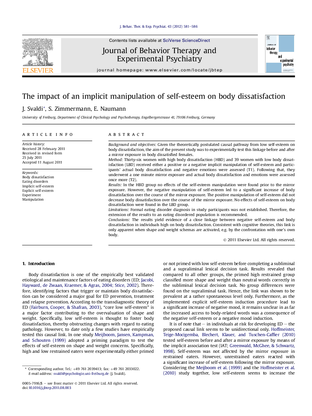 عکس صفحه اول مقاله: The impact of an implicit manipulation of self-esteem on body dissatisfaction The impact of an implicit manipulation of self-esteem on body dissatisfaction
