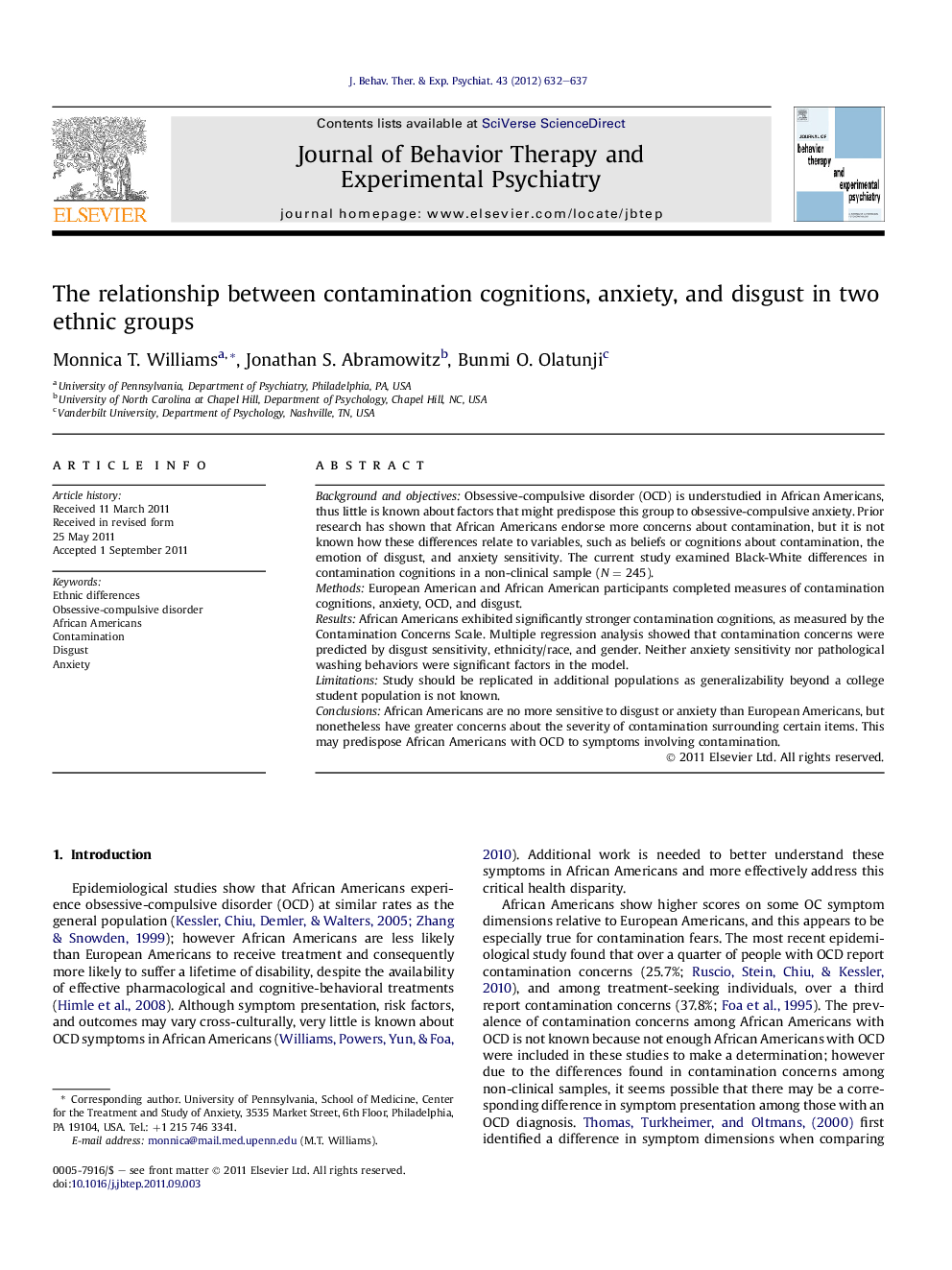 The relationship between contamination cognitions, anxiety, and disgust in two ethnic groups