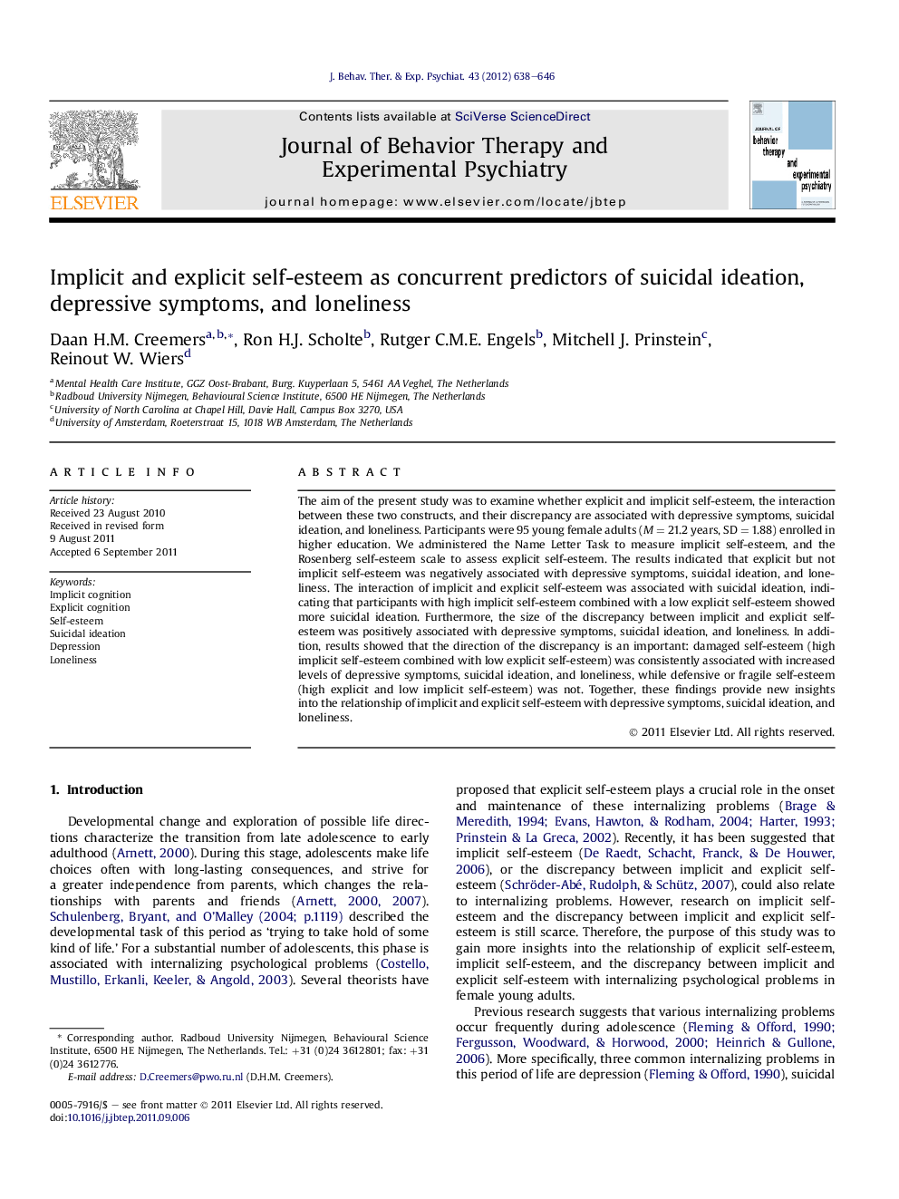 Implicit and explicit self-esteem as concurrent predictors of suicidal ideation, depressive symptoms, and loneliness