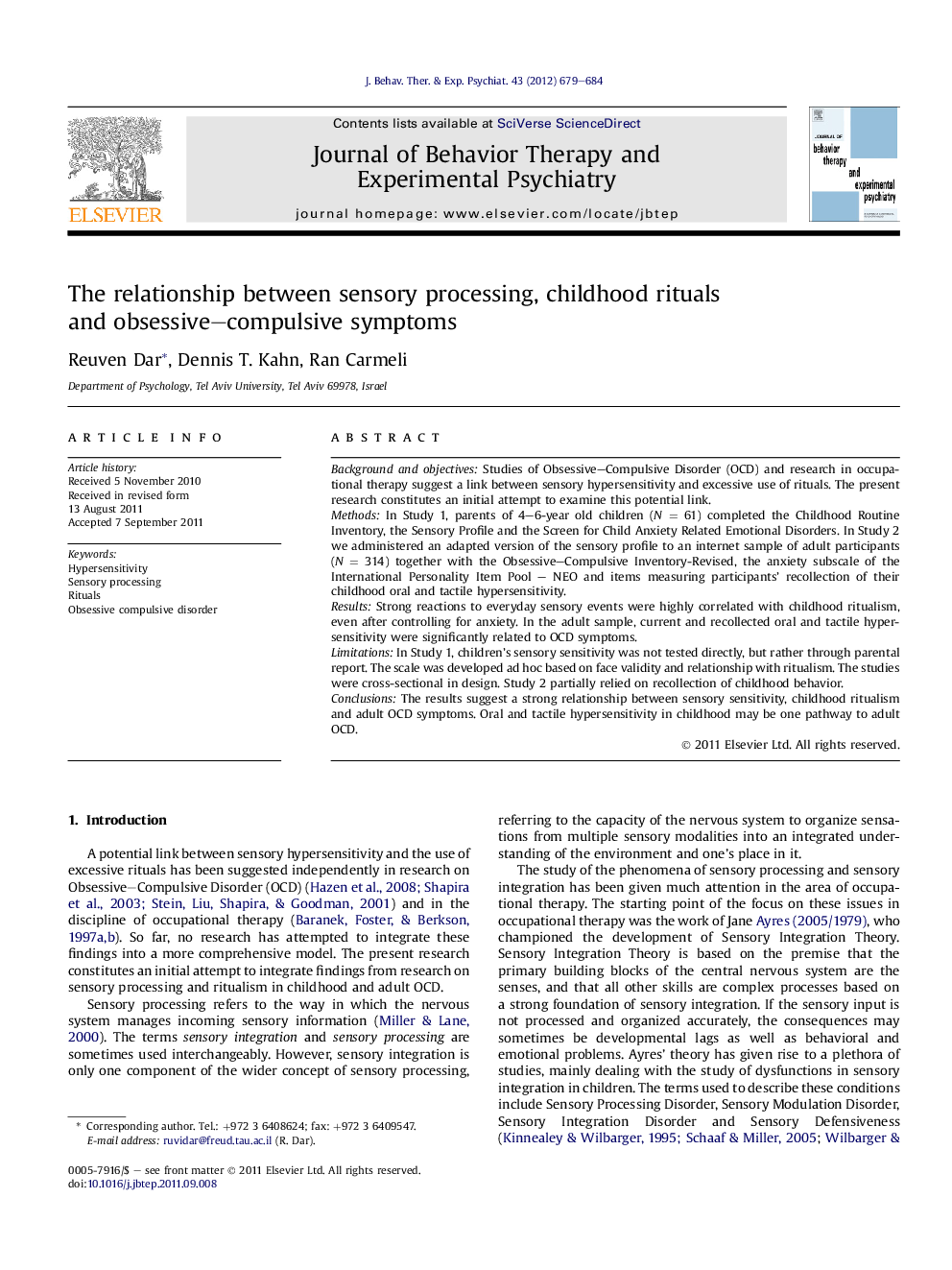 The relationship between sensory processing, childhood rituals and obsessive–compulsive symptoms