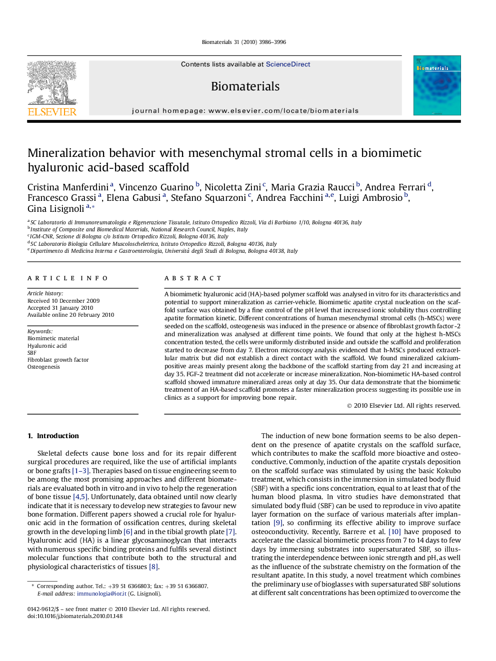 Mineralization behavior with mesenchymal stromal cells in a biomimetic hyaluronic acid-based scaffold