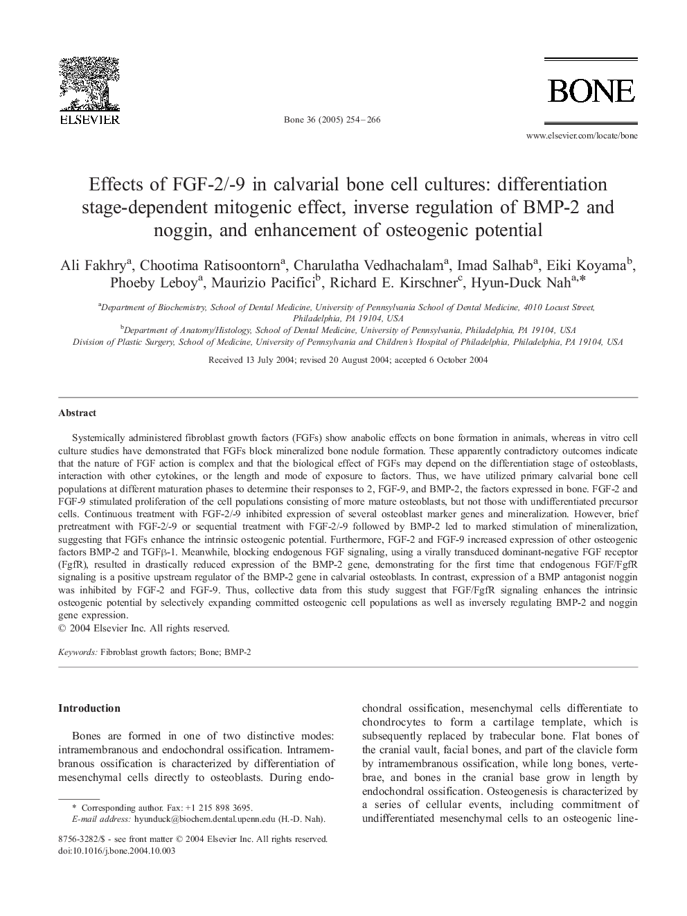 Effects of FGF-2/-9 in calvarial bone cell cultures: differentiation stage-dependent mitogenic effect, inverse regulation of BMP-2 and noggin, and enhancement of osteogenic potential