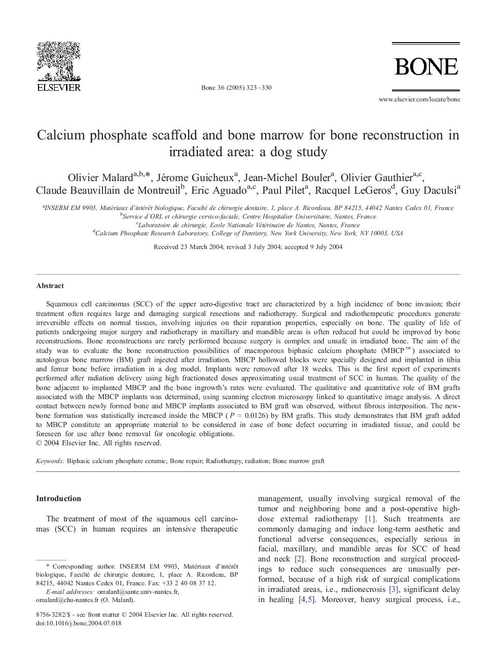 Calcium phosphate scaffold and bone marrow for bone reconstruction in irradiated area: a dog study