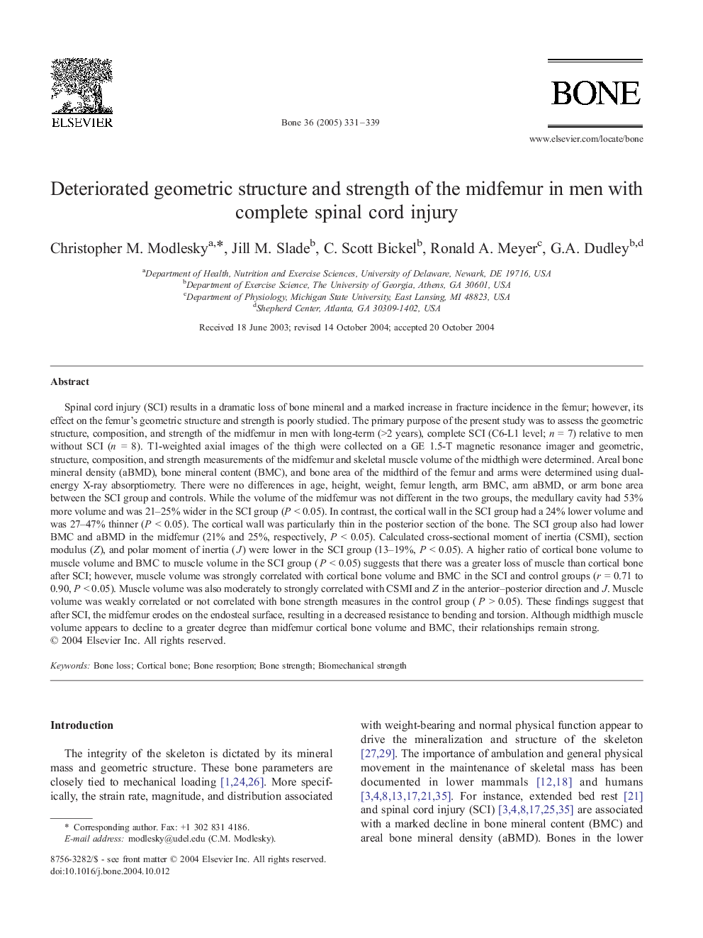 Deteriorated geometric structure and strength of the midfemur in men with complete spinal cord injury