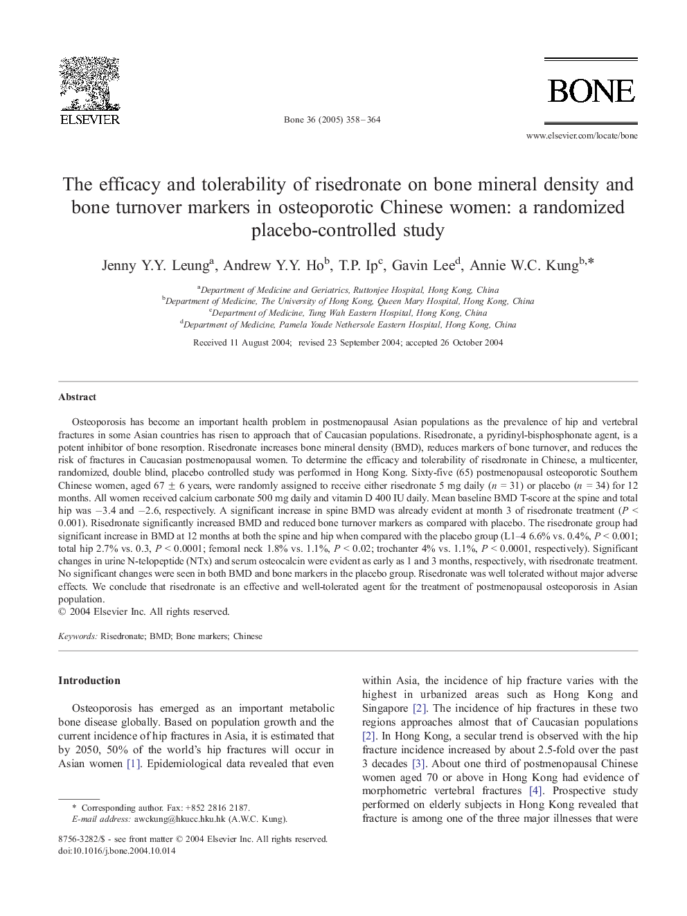 The efficacy and tolerability of risedronate on bone mineral density and bone turnover markers in osteoporotic Chinese women: a randomized placebo-controlled study