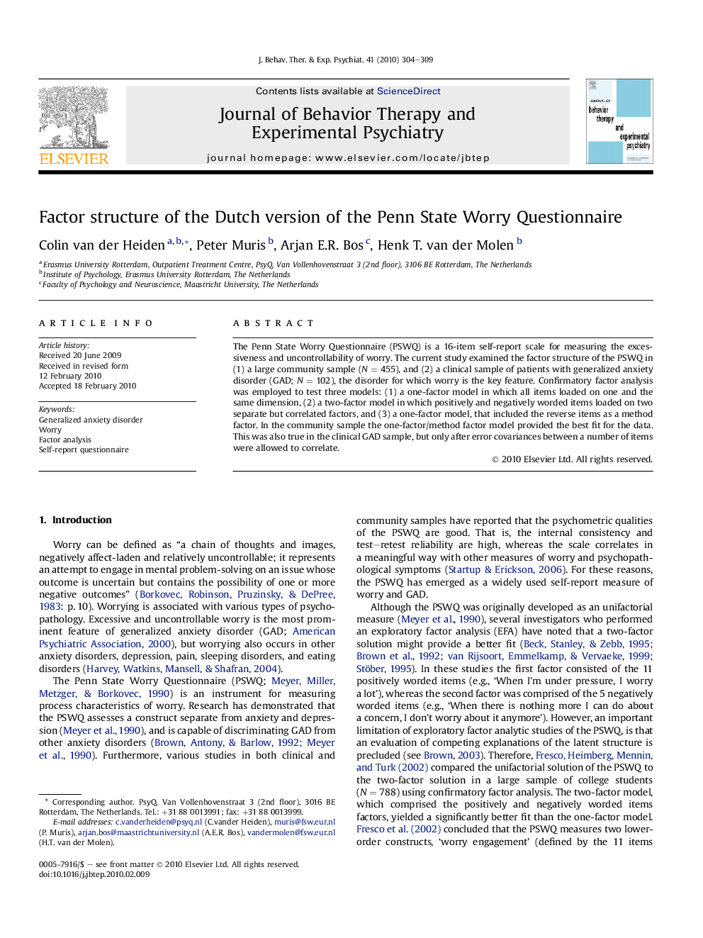 Factor structure of the Dutch version of the Penn State Worry Questionnaire