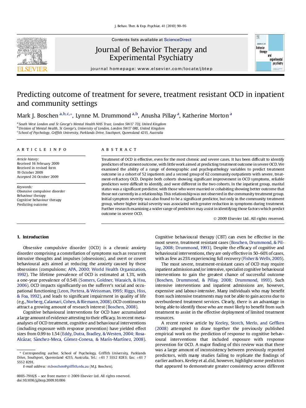 Predicting outcome of treatment for severe, treatment resistant OCD in inpatient and community settings