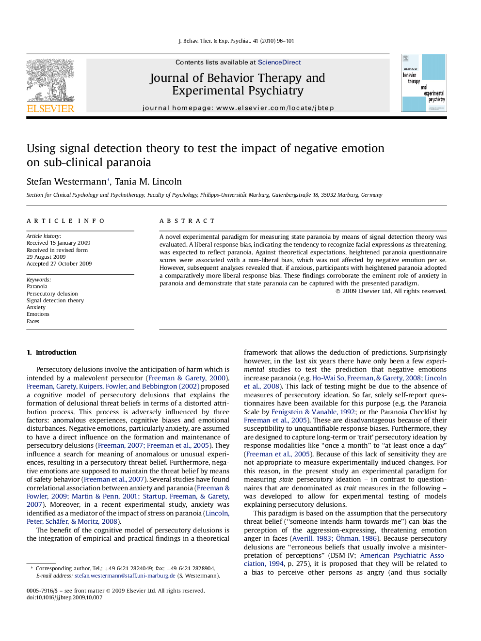 Using signal detection theory to test the impact of negative emotion on sub-clinical paranoia