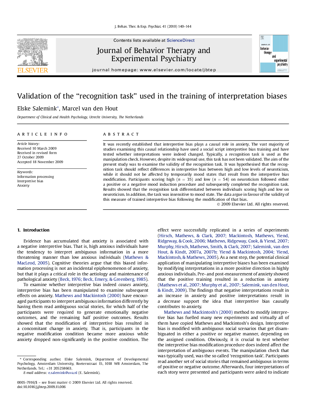 Validation of the “recognition task” used in the training of interpretation biases