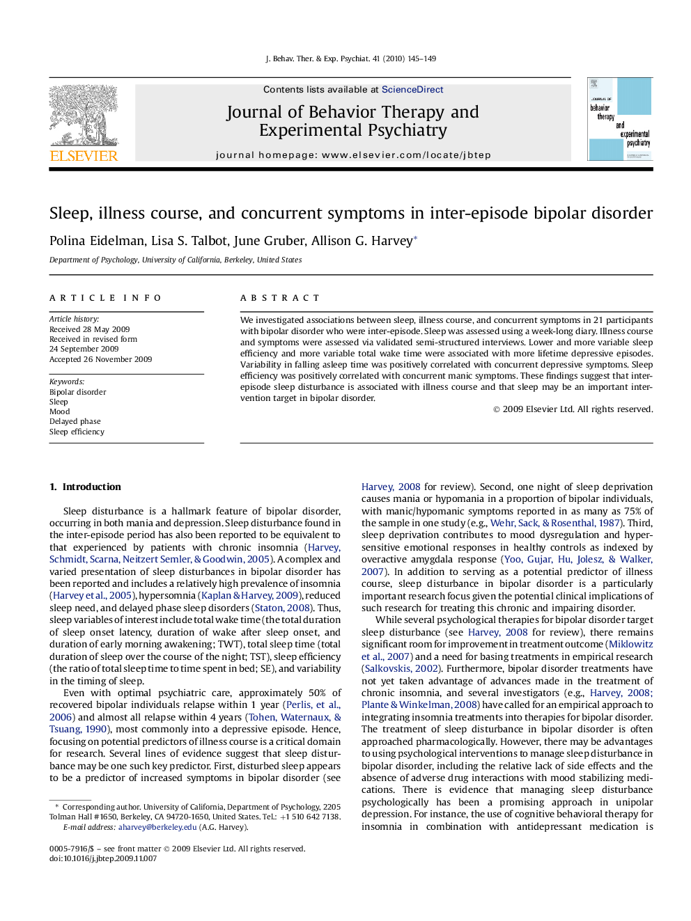 Sleep, illness course, and concurrent symptoms in inter-episode bipolar disorder