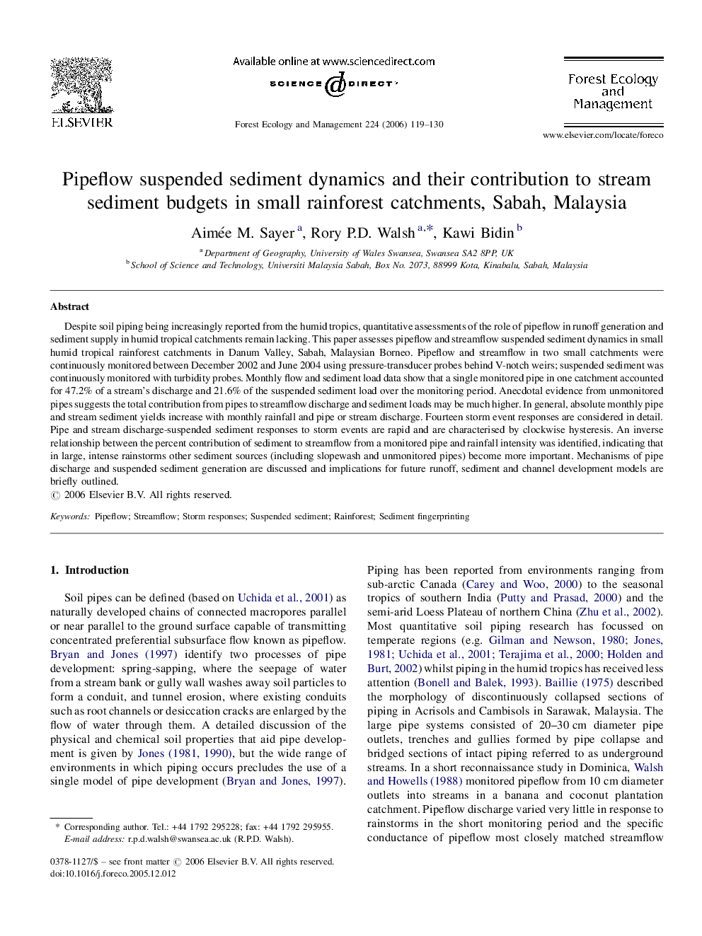 Pipeflow suspended sediment dynamics and their contribution to stream sediment budgets in small rainforest catchments, Sabah, Malaysia