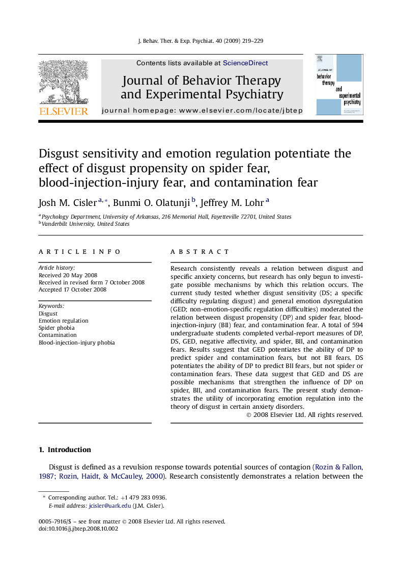 Disgust sensitivity and emotion regulation potentiate the effect of disgust propensity on spider fear, blood-injection-injury fear, and contamination fear