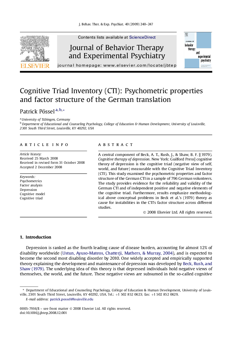 Cognitive Triad Inventory (CTI): Psychometric properties and factor structure of the German translation