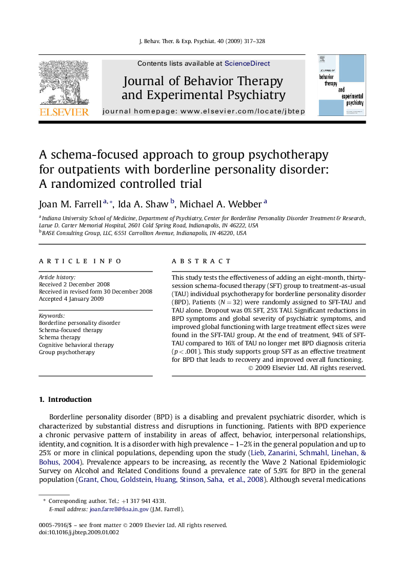 A schema-focused approach to group psychotherapy for outpatients with borderline personality disorder: A randomized controlled trial