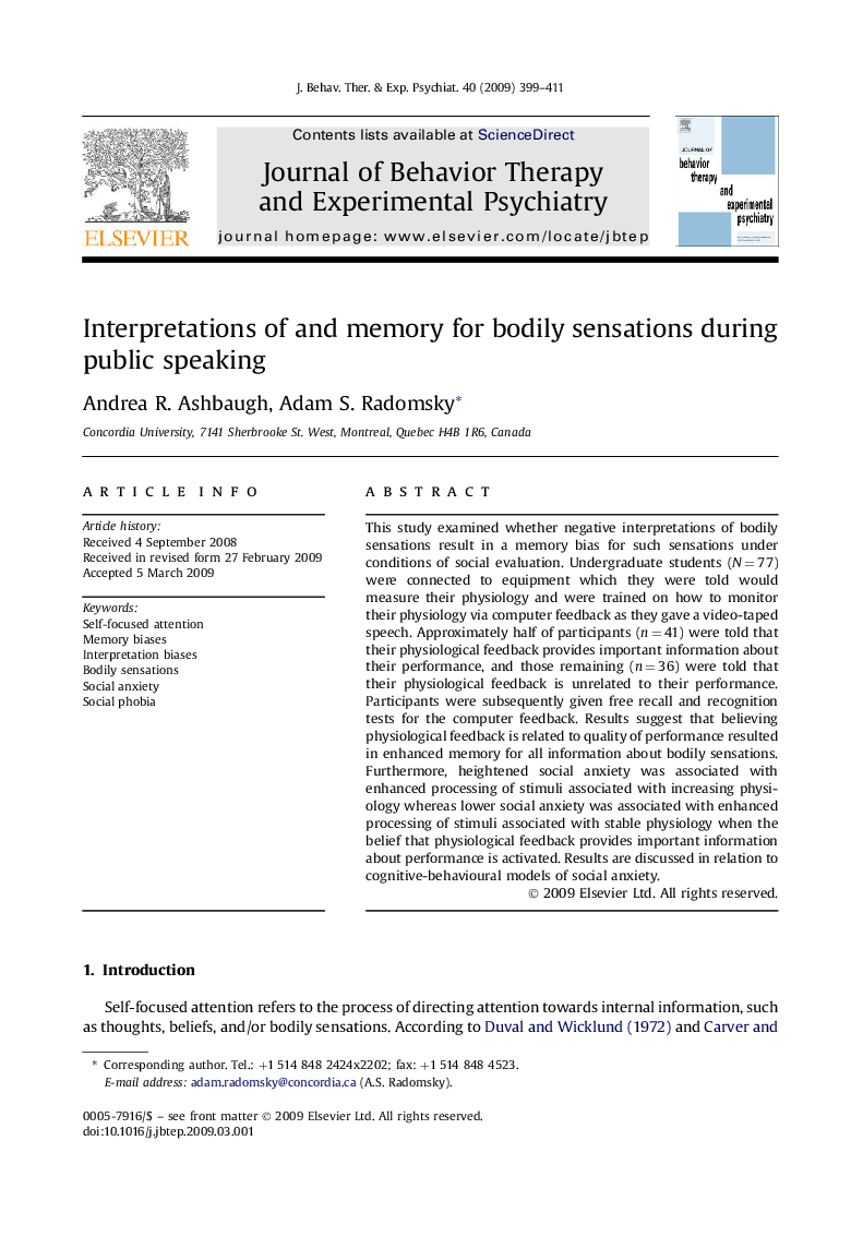 Interpretations of and memory for bodily sensations during public speaking