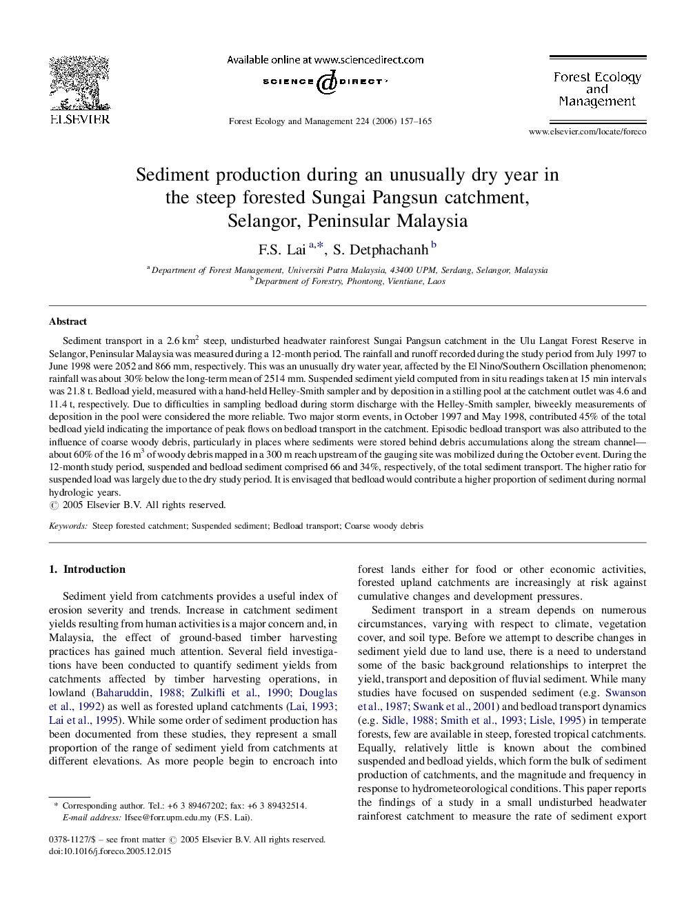 Sediment production during an unusually dry year in the steep forested Sungai Pangsun catchment, Selangor, Peninsular Malaysia