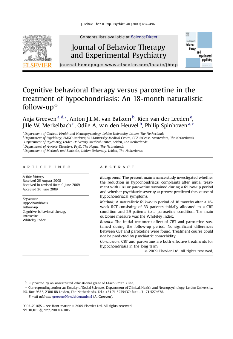 Cognitive behavioral therapy versus paroxetine in the treatment of hypochondriasis: An 18-month naturalistic follow-up 