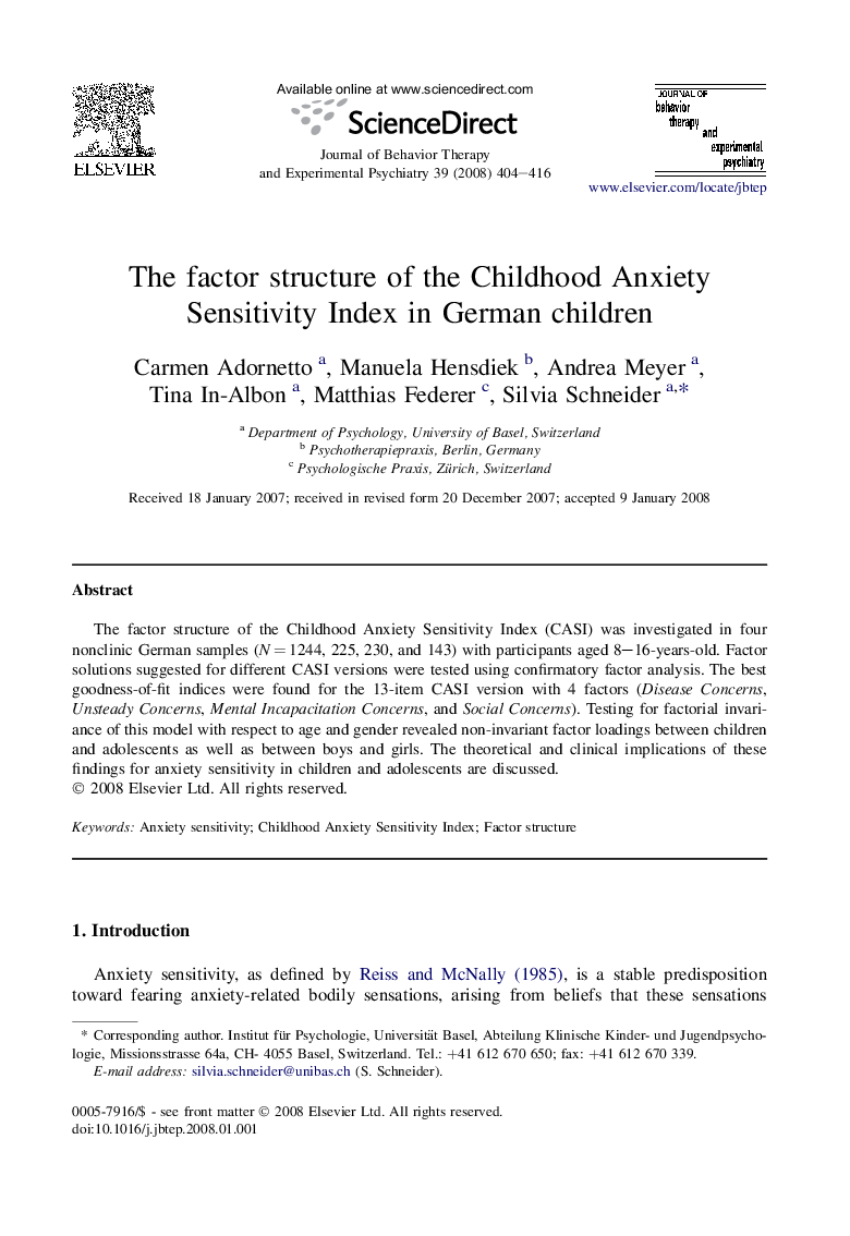 The factor structure of the Childhood Anxiety Sensitivity Index in German children