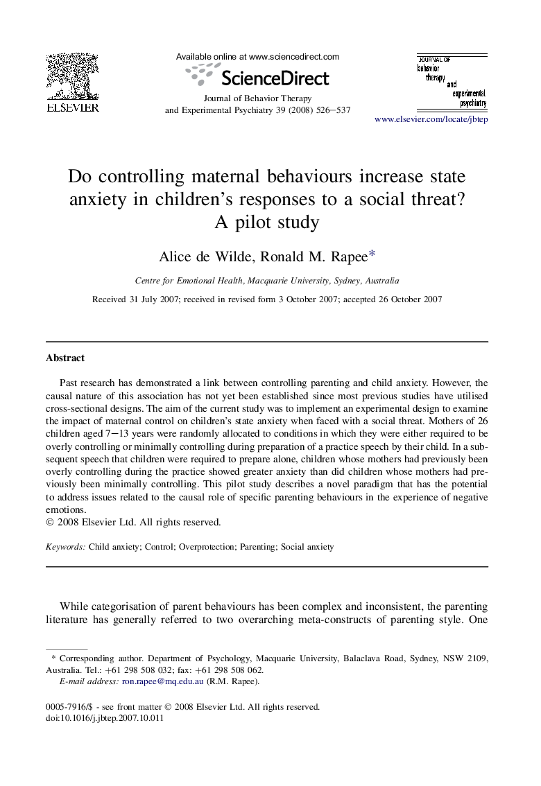 Do controlling maternal behaviours increase state anxiety in children's responses to a social threat? A pilot study