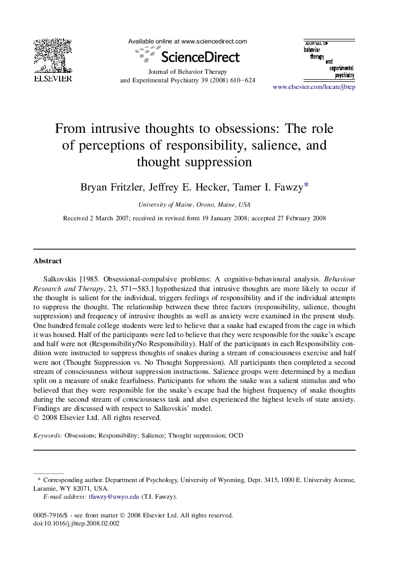 From intrusive thoughts to obsessions: The role of perceptions of responsibility, salience, and thought suppression