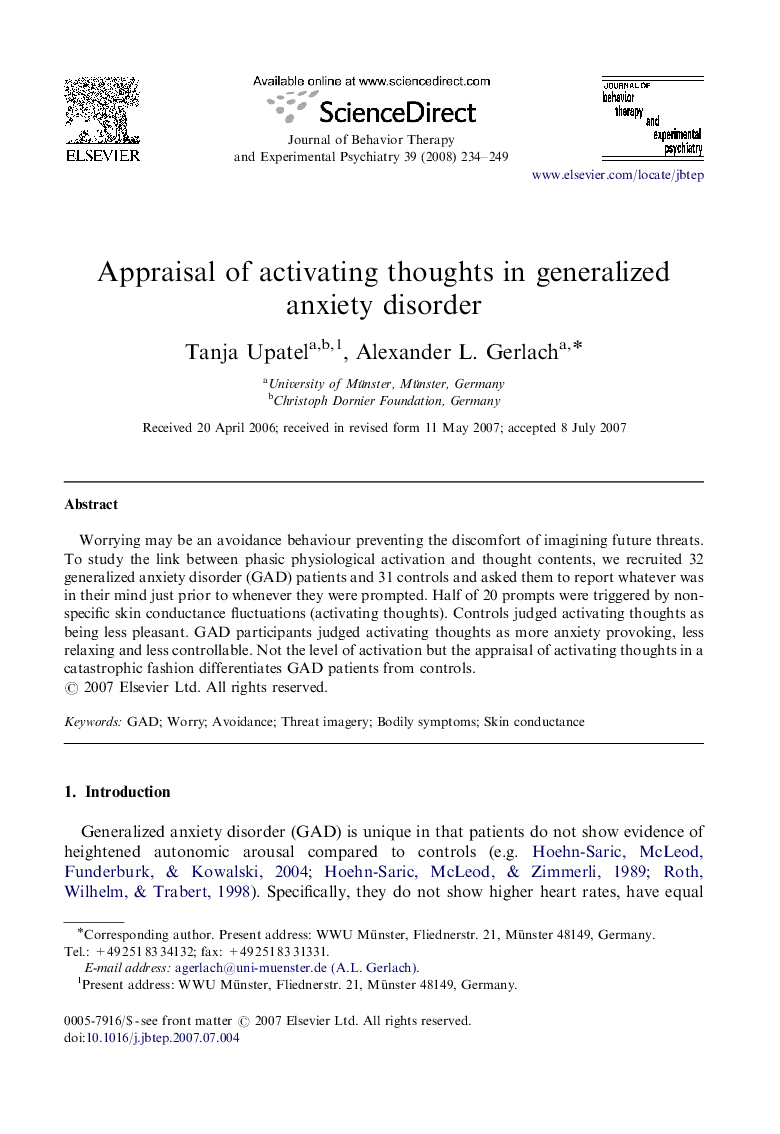 Appraisal of activating thoughts in generalized anxiety disorder