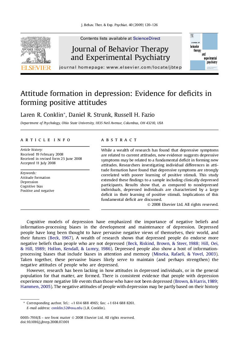 Attitude formation in depression: Evidence for deficits in forming positive attitudes