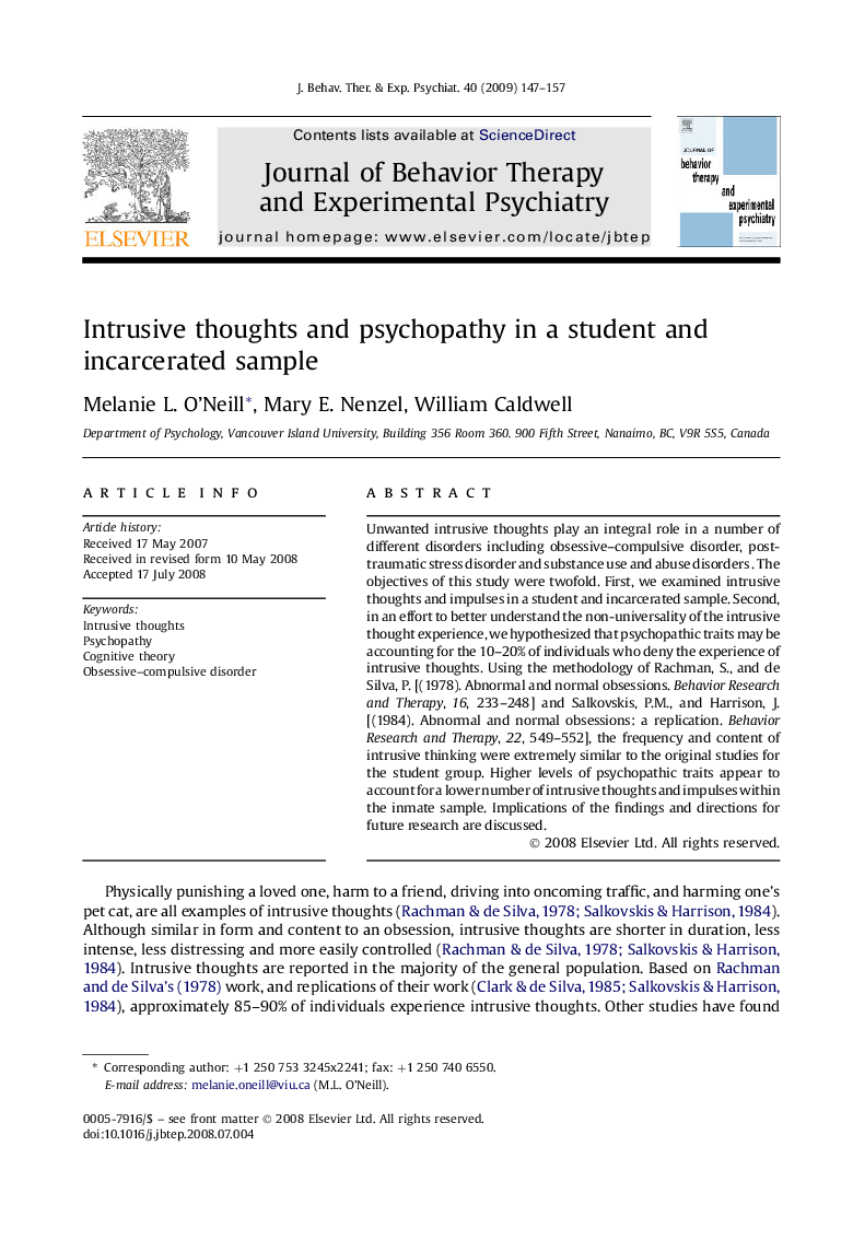 Intrusive thoughts and psychopathy in a student and incarcerated sample